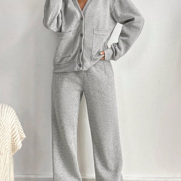 Grey Casual Women's Set Outfit V-Neck Buttoned Top With Pockets - Picture 6 of 6